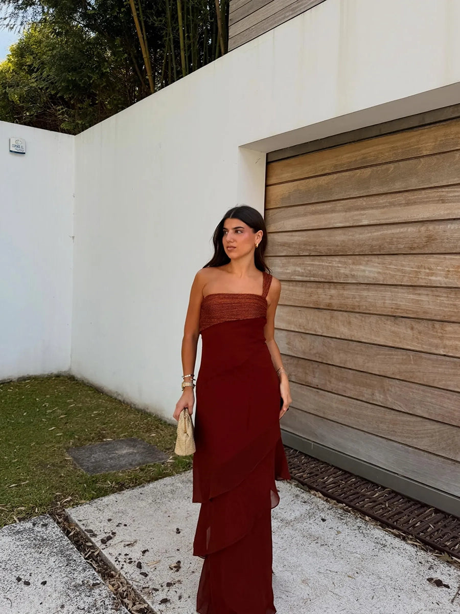 Abalina Sleeveless Cascading Ruffle Skew Collar Maxi Dress