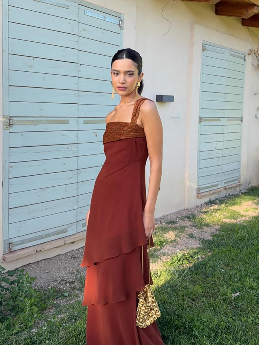 Abalina Sleeveless Cascading Ruffle Skew Collar Maxi Dress