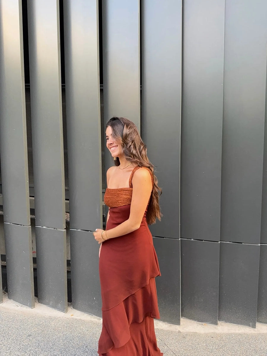Abalina Sleeveless Cascading Ruffle Skew Collar Maxi Dress
