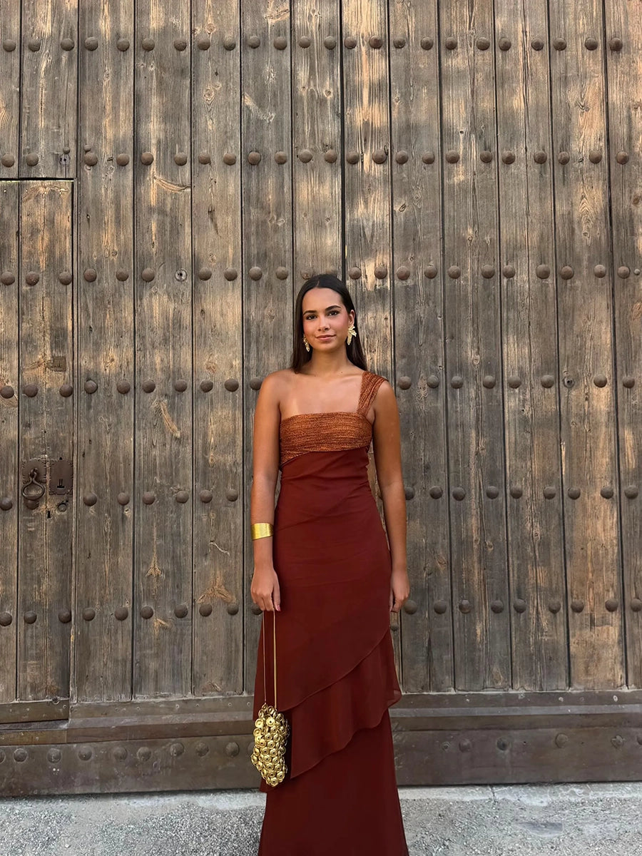 Abalina Sleeveless Cascading Ruffle Skew Collar Maxi Dress