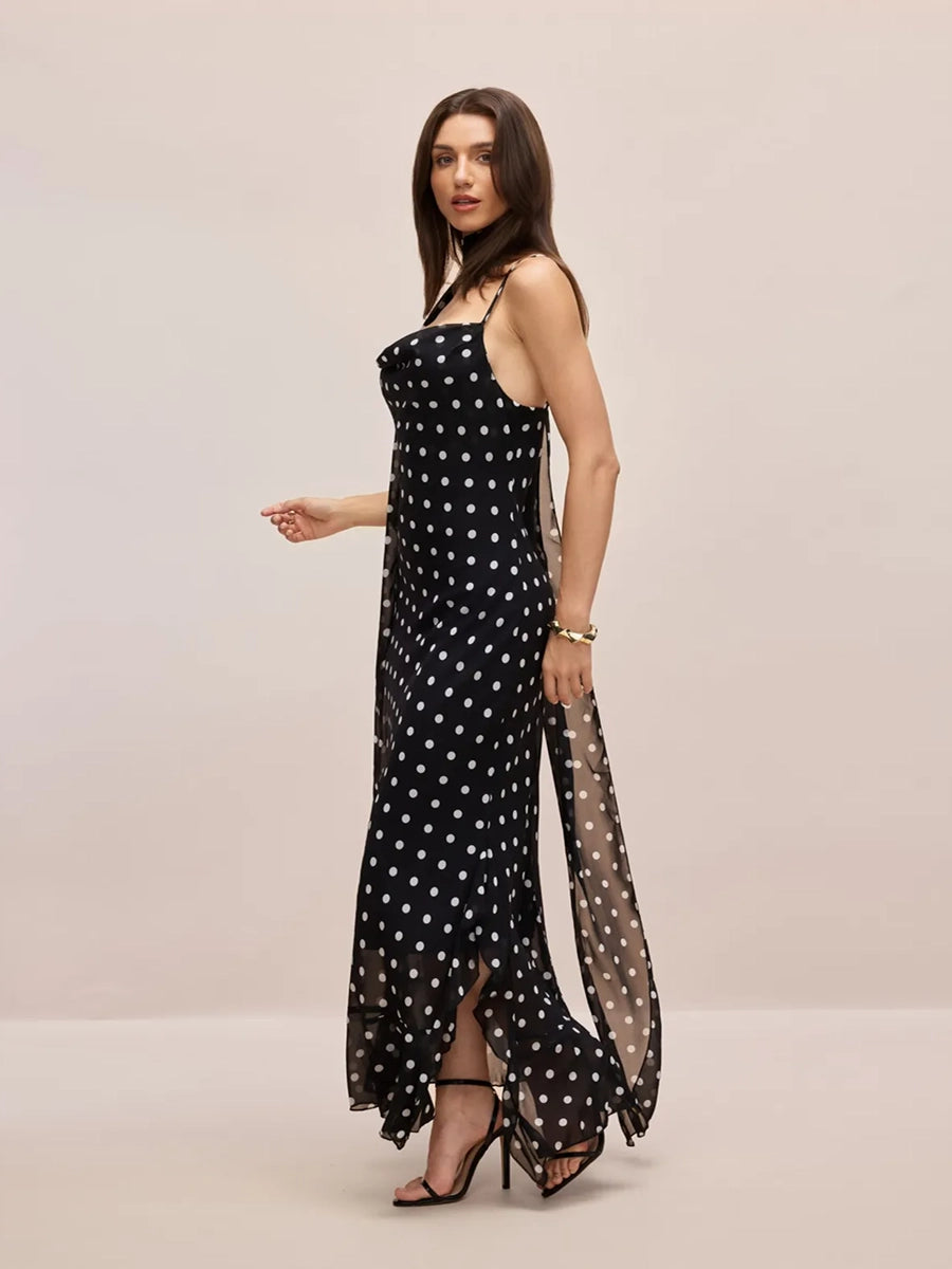 Adelia Sleeveless Polka Dot Scarf Collar Ruffled Maxi Dress