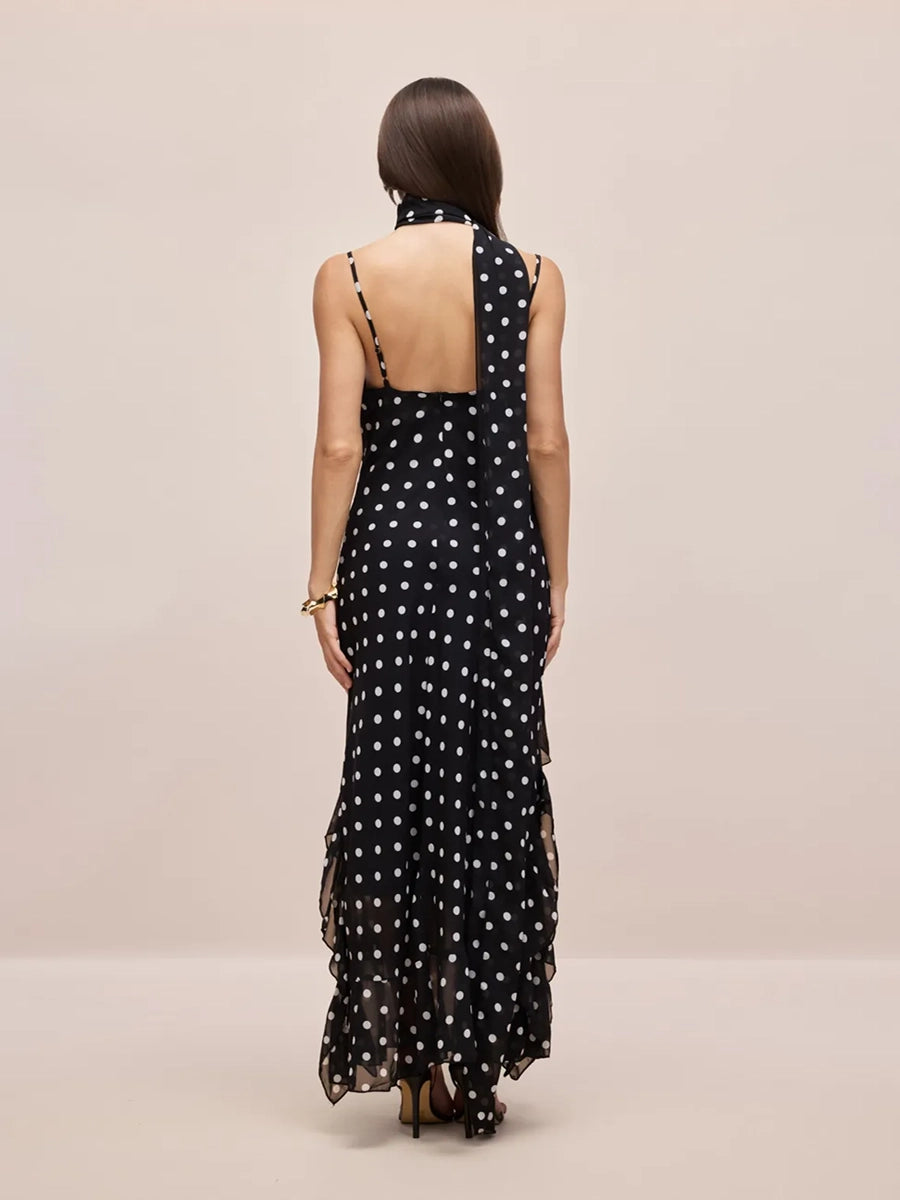 Adelia Sleeveless Polka Dot Scarf Collar Ruffled Maxi Dress