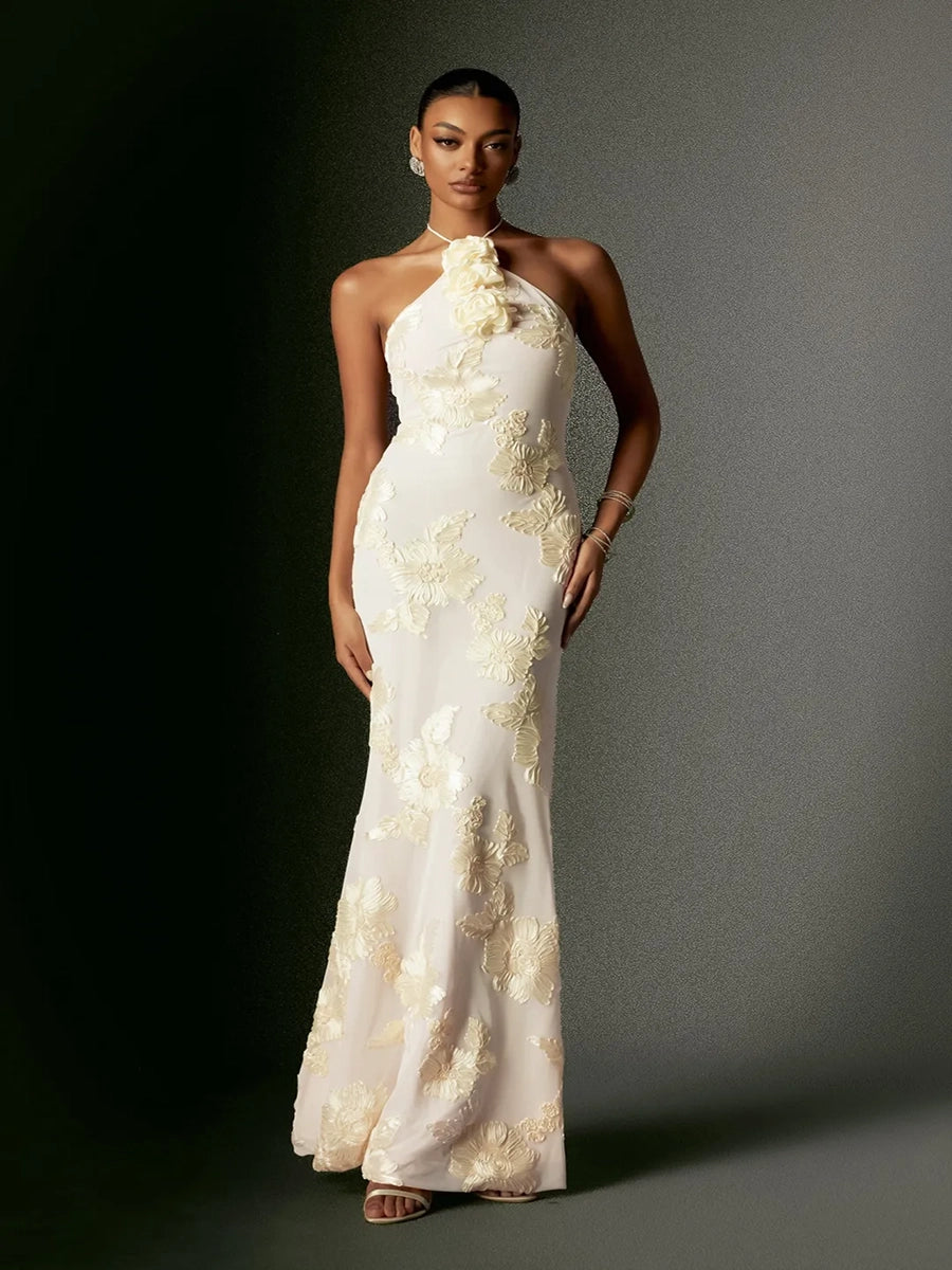Aeby Cream Floral Halter Neck Mermaid Gown