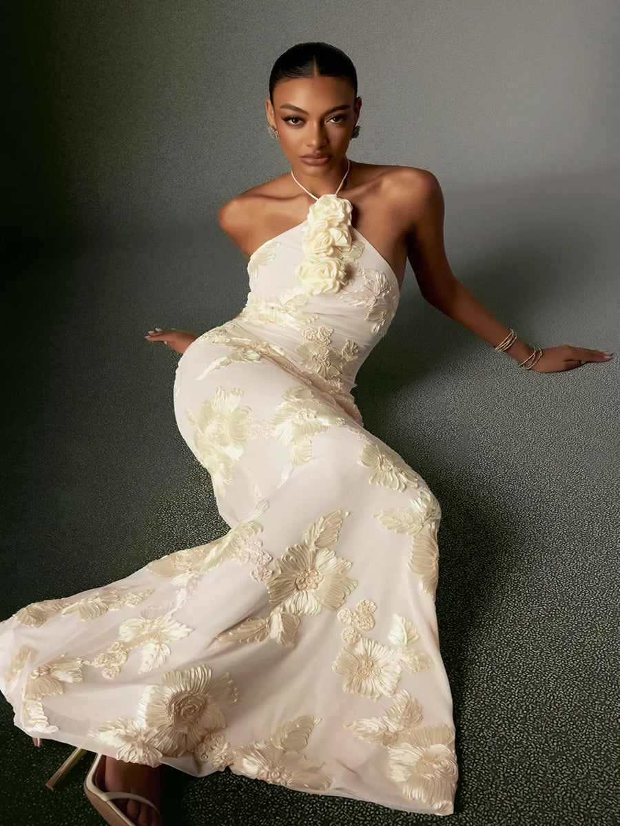 Aeby Cream Floral Halter Neck Mermaid Gown