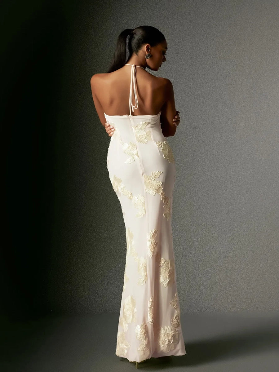 Aeby Cream Floral Halter Neck Mermaid Gown
