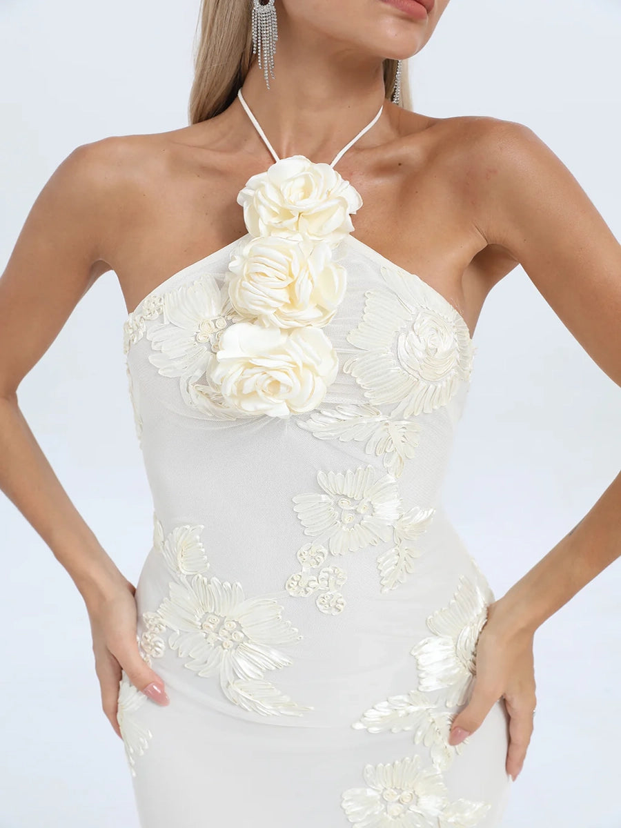 Aeby Cream Floral Halter Neck Mermaid Gown