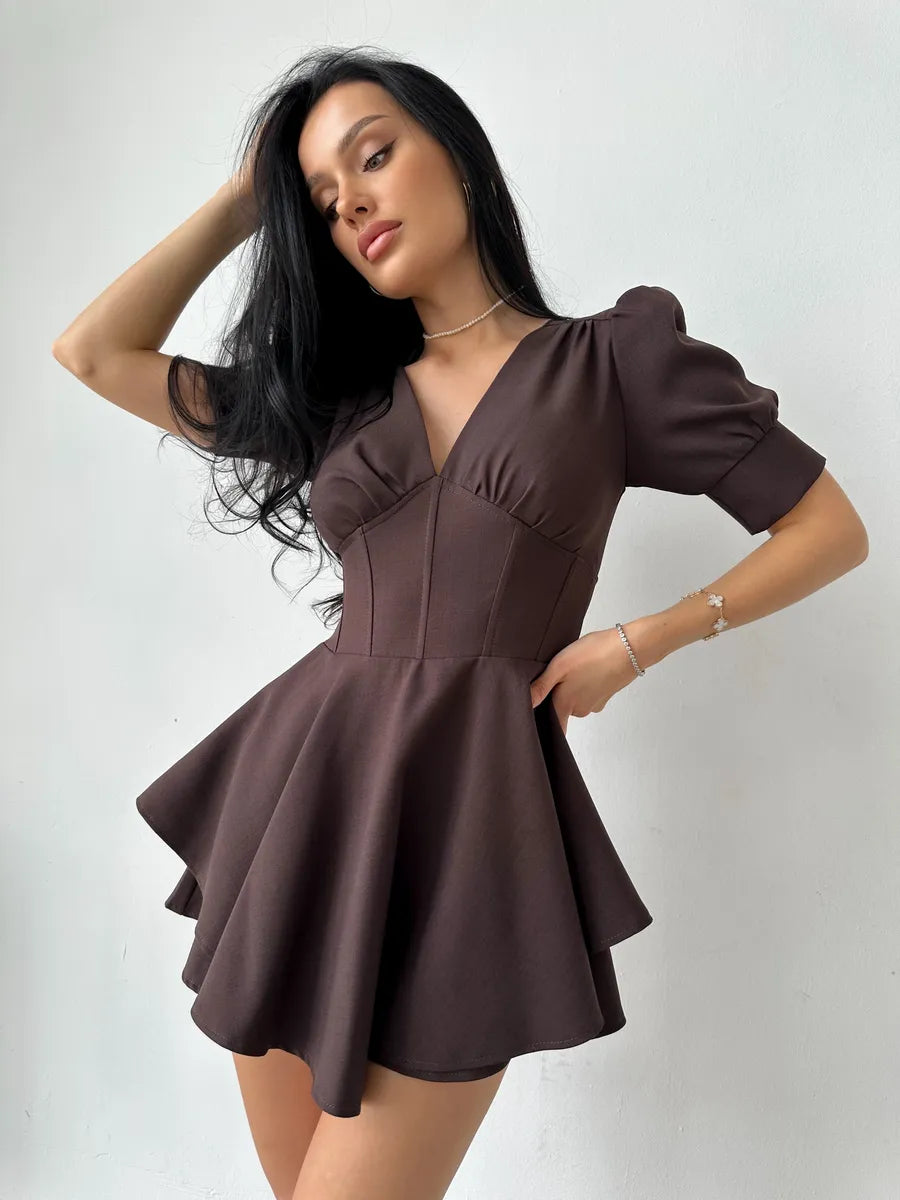Ainne Solid Color Short Sleeve V-Neck Mini Dress
