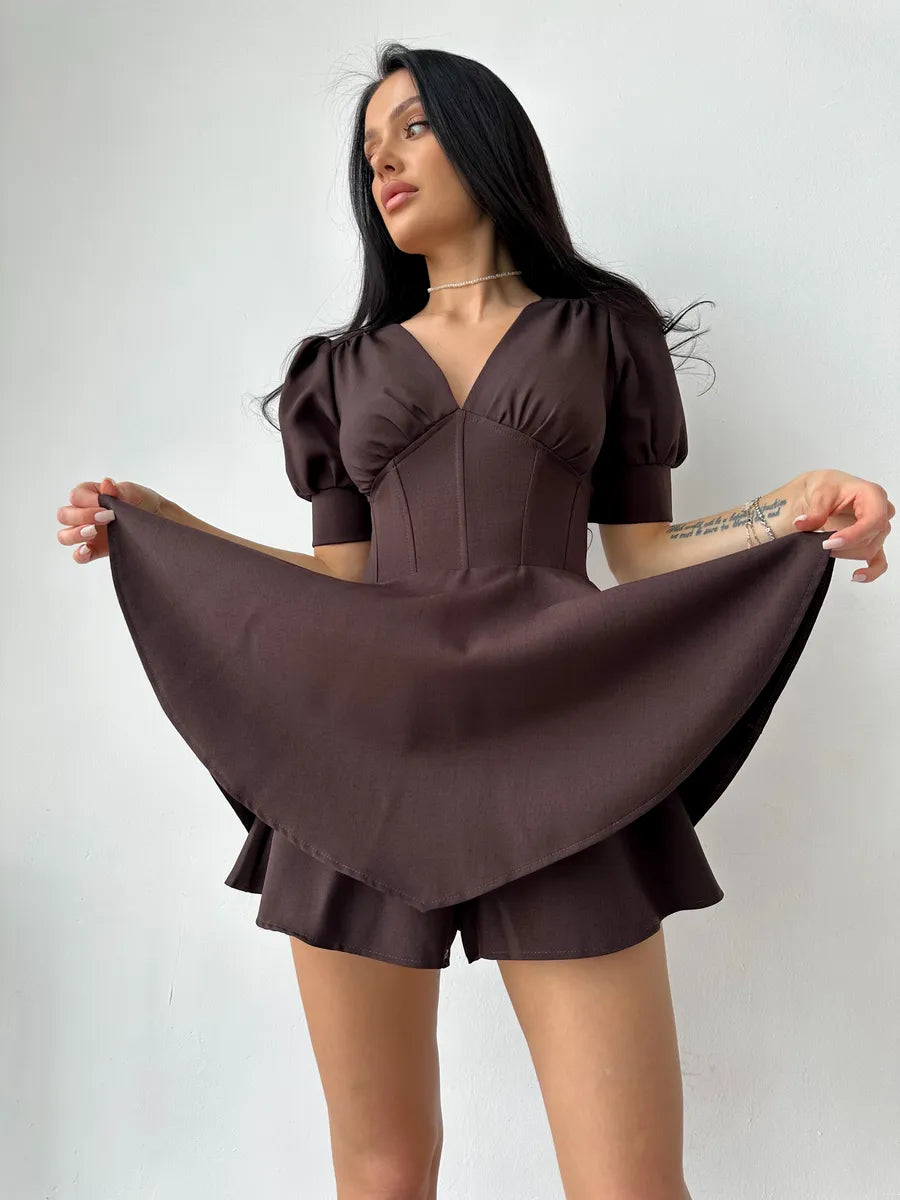 Ainne Solid Color Short Sleeve V-Neck Mini Dress