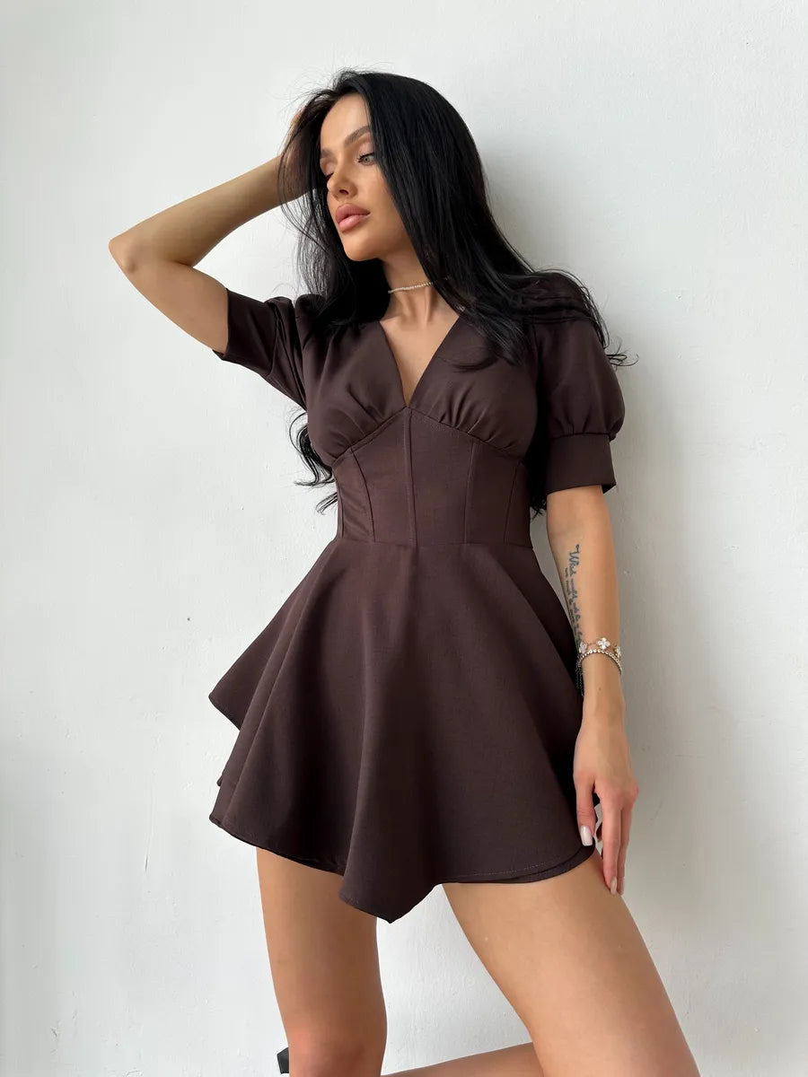 Ainne Solid Color Short Sleeve V-Neck Mini Dress