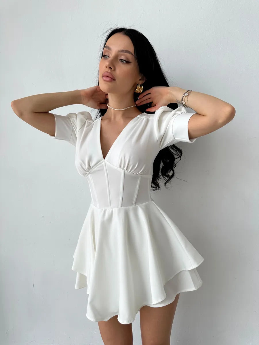 Ainne Solid Color Short Sleeve V-Neck Mini Dress