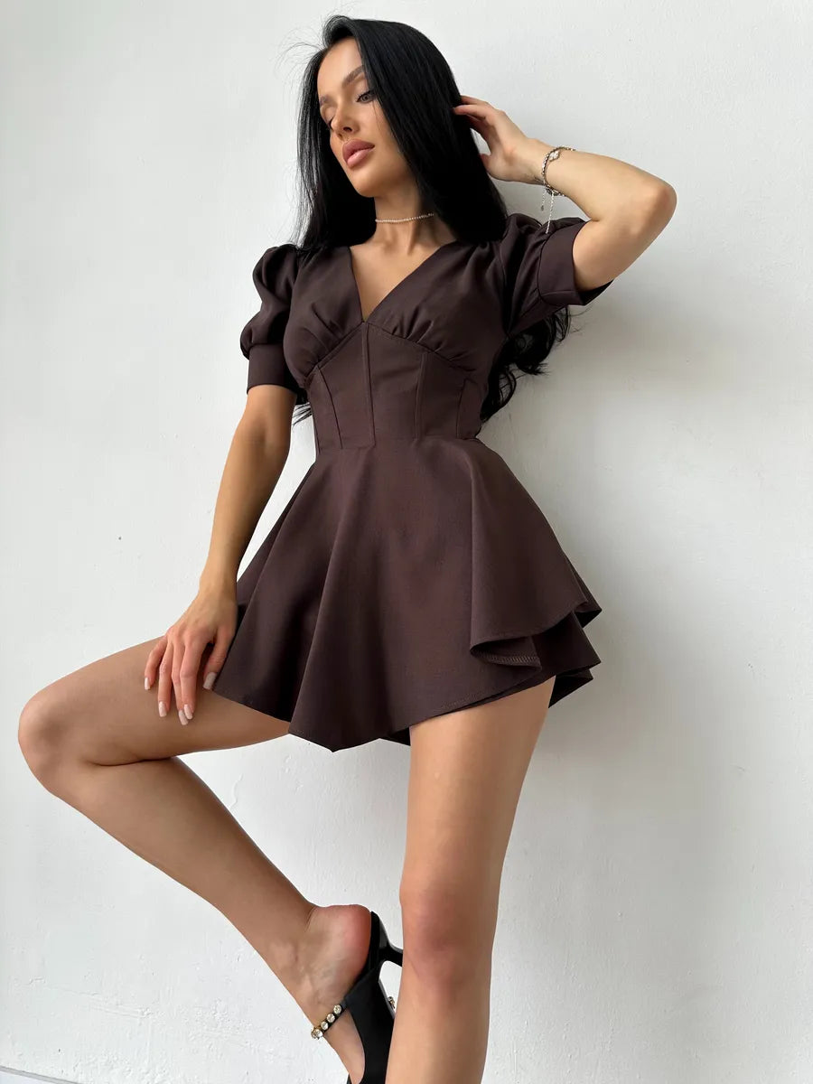 Ainne Solid Color Short Sleeve V-Neck Mini Dress