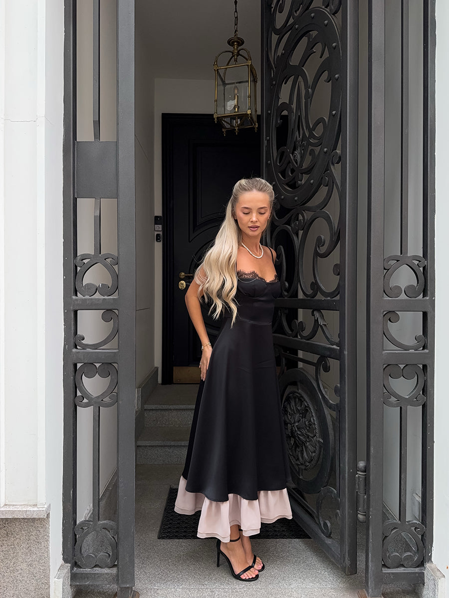Aishima Elegant Lace Trim A-line Midi Dress