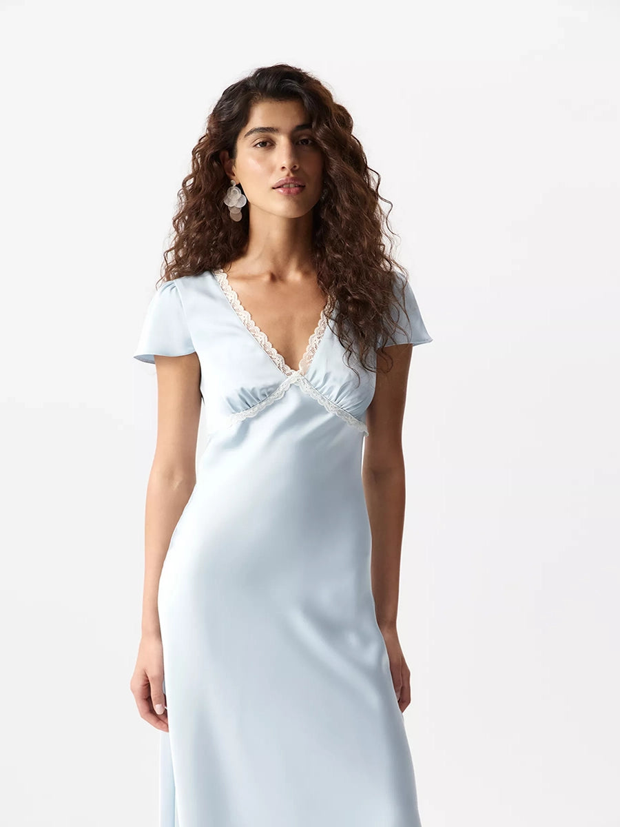 Aliyah Satin V Neck Lace Matched Dress