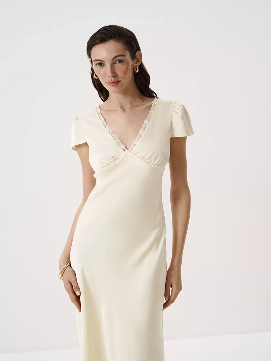 Aliyah Satin V Neck Lace Matched Dress