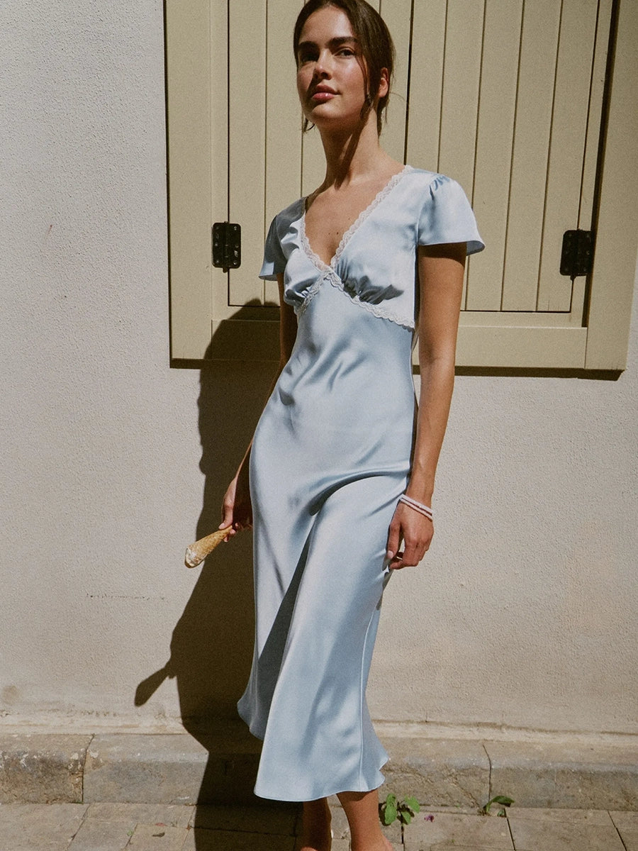 Aliyah Satin V Neck Lace Matched Dress