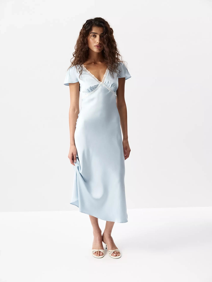 Aliyah Satin V Neck Lace Matched Dress