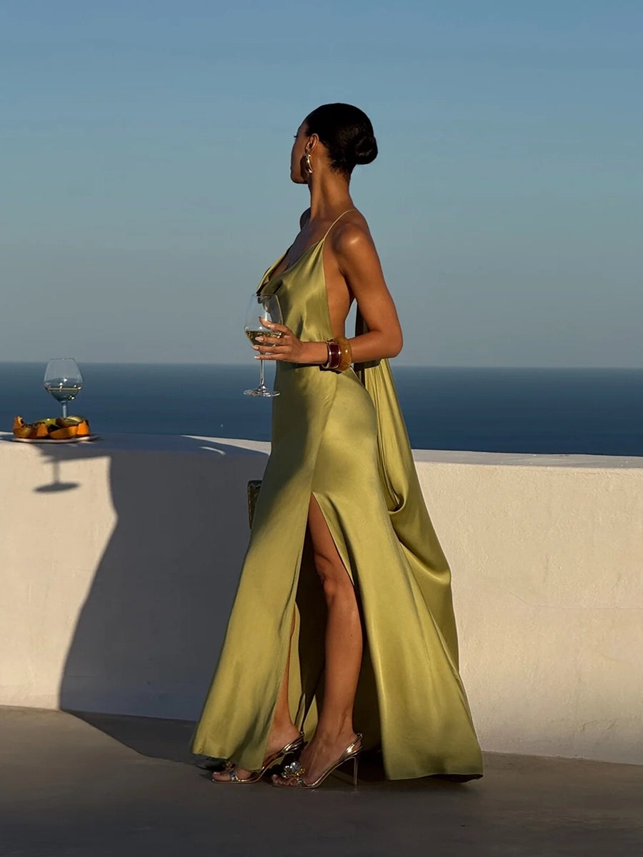Allie Backless Satin Long Sling V-Neck Sleeveless Dress