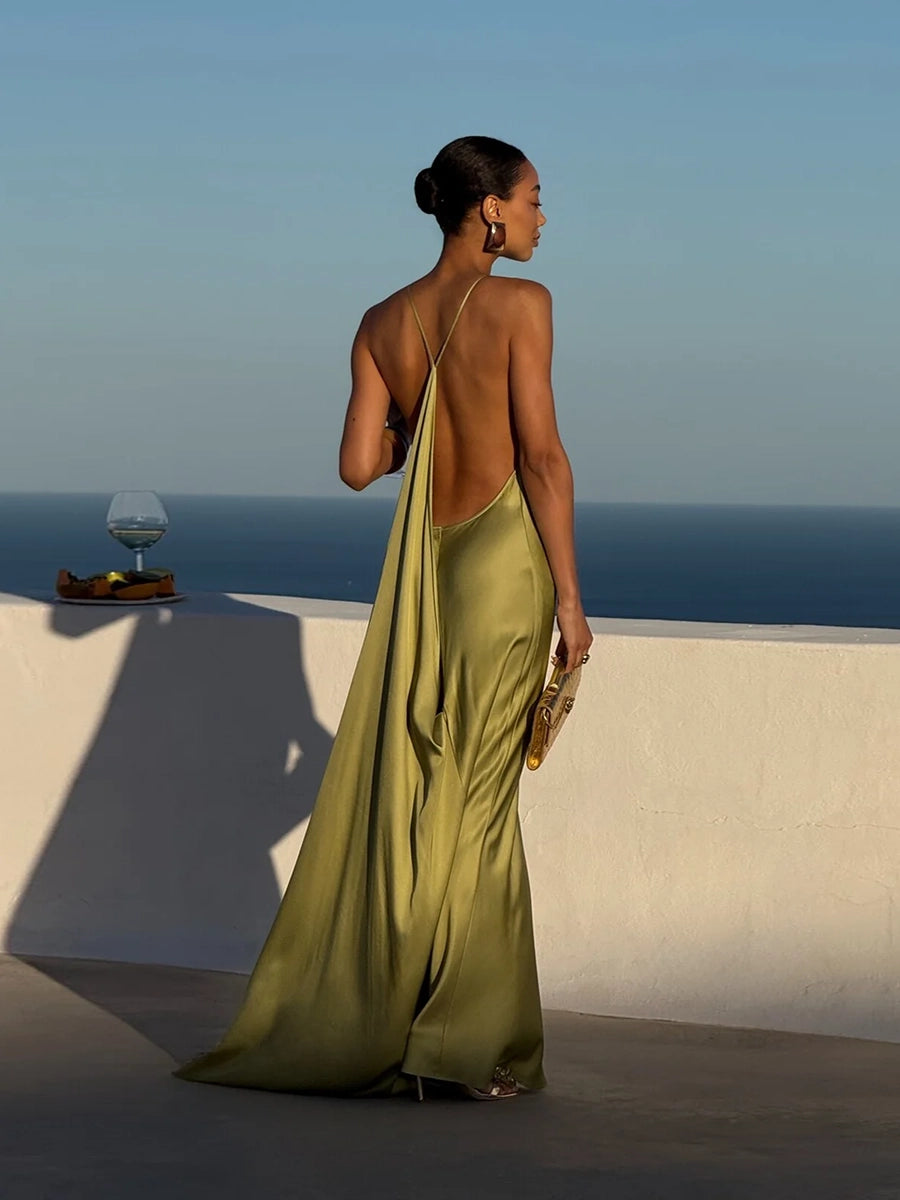 Allie Backless Satin Long Sling V-Neck Sleeveless Dress