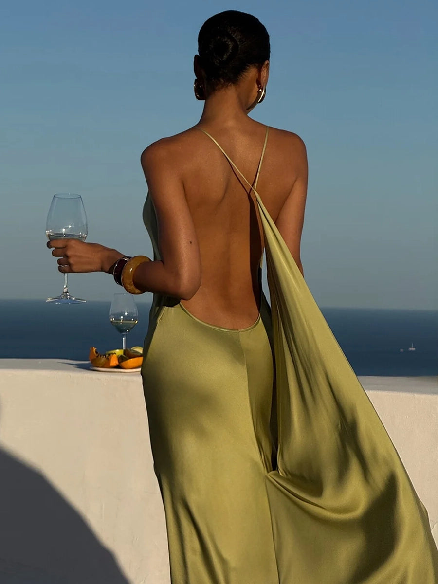 Allie Backless Satin Long Sling V-Neck Sleeveless Dress