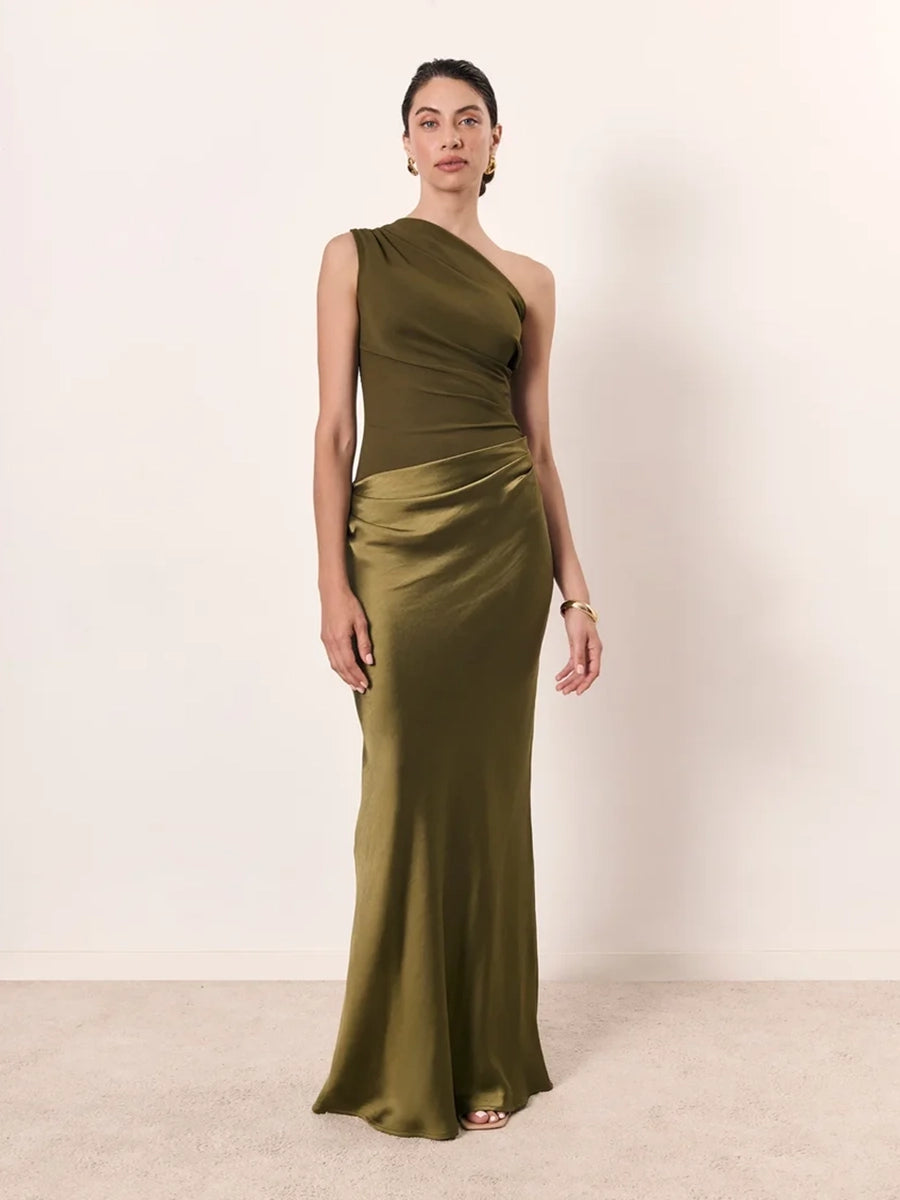 Allilope Crossbody Pleated Stitching Satin Dress