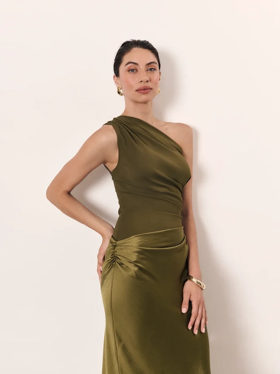 Allilope Crossbody Pleated Stitching Satin Dress