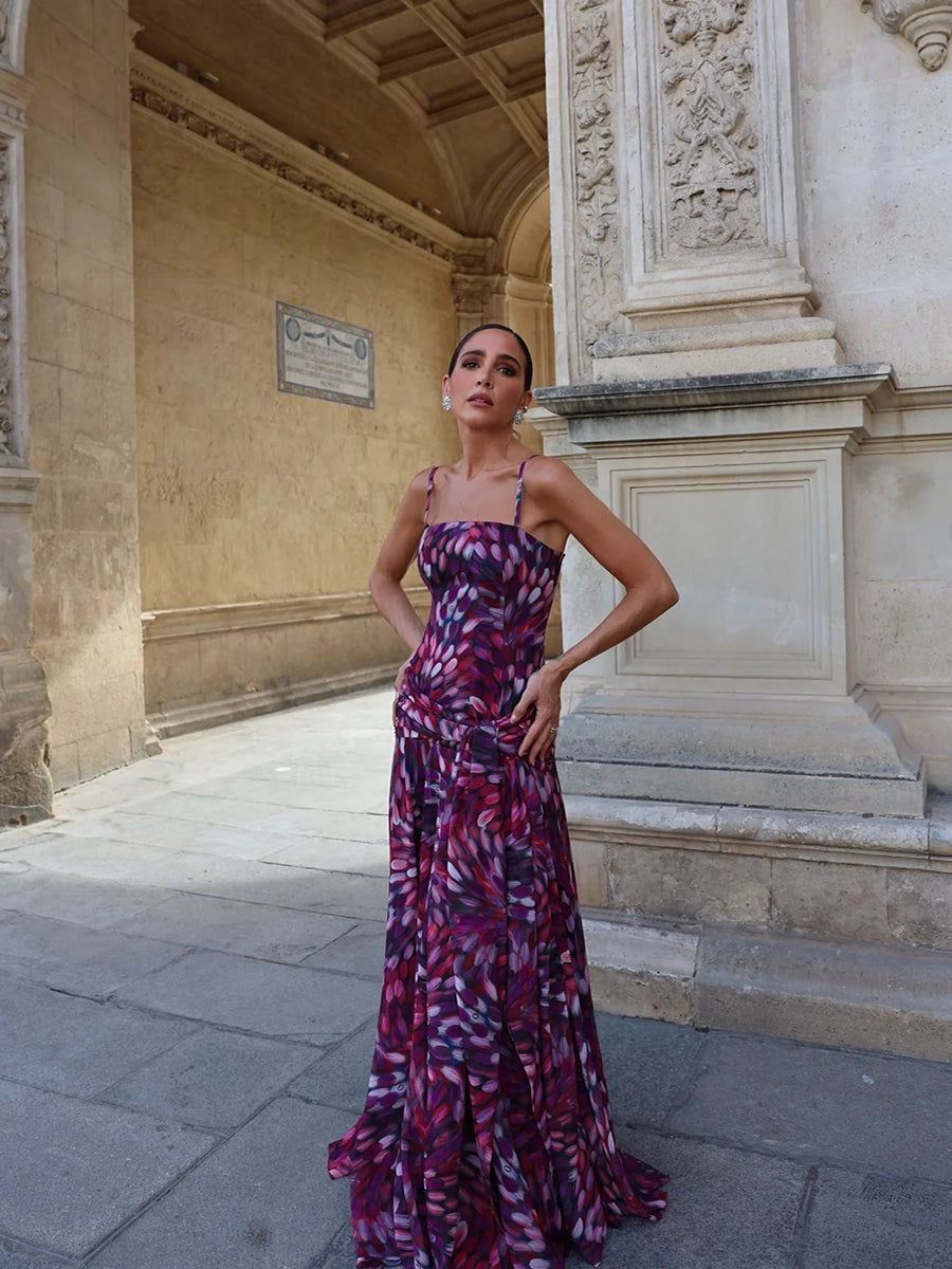 Amelda Elegant Vintage Printed Sleeveless Backless Maxi Dress