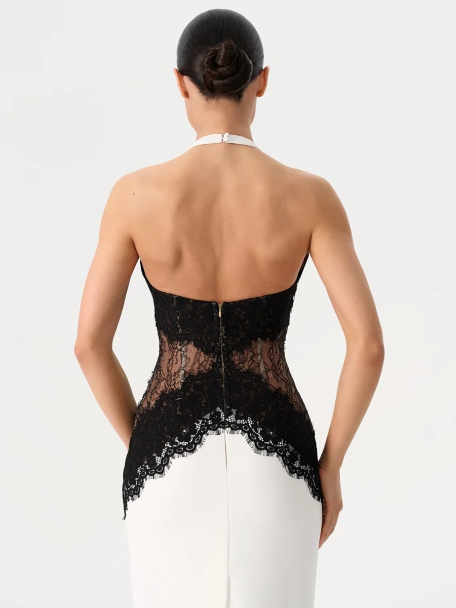 Aminer Round-Neck Sleeveless Lace Maxi Dress