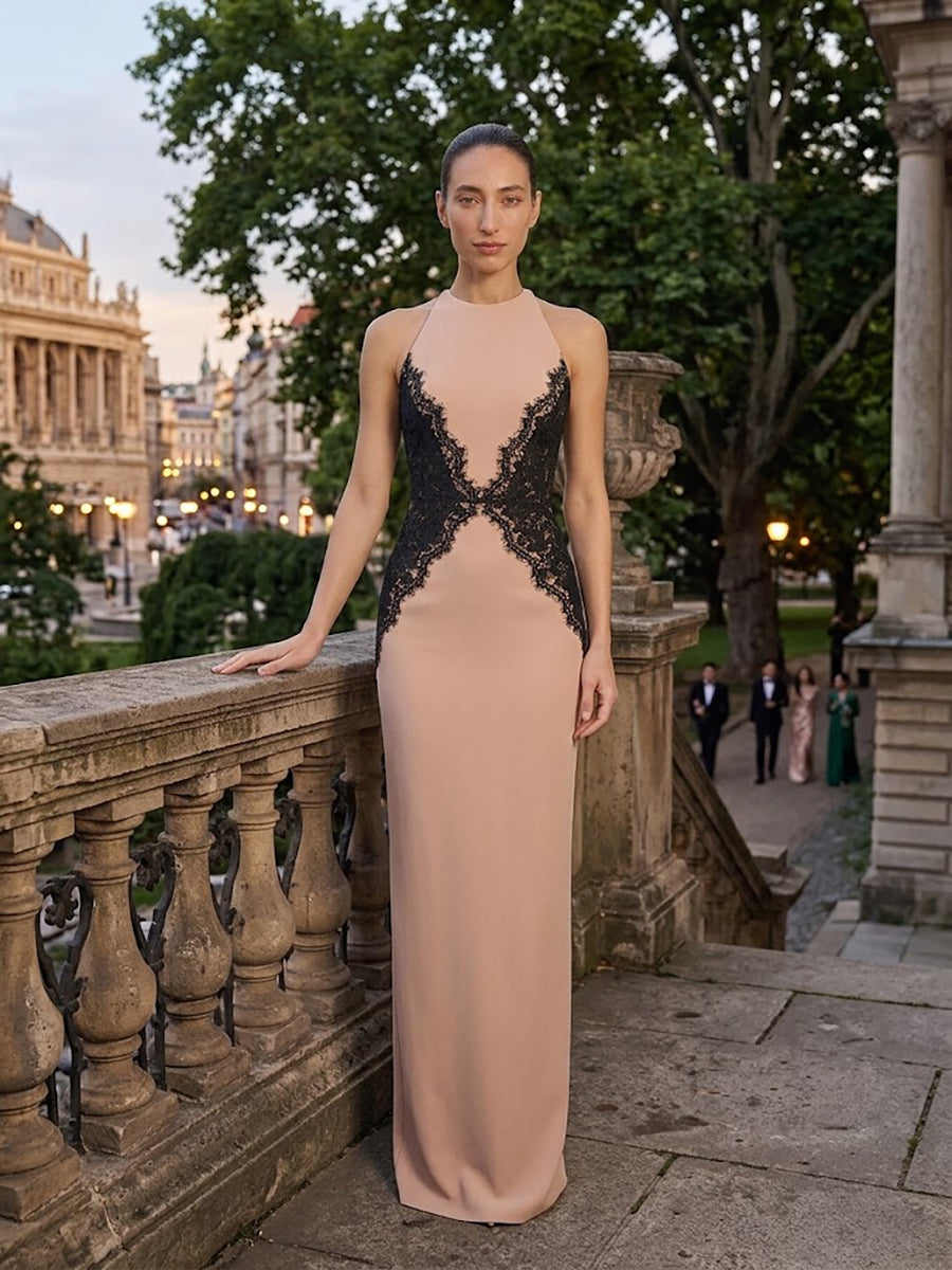 Aminer Round-Neck Sleeveless Lace Maxi Dress