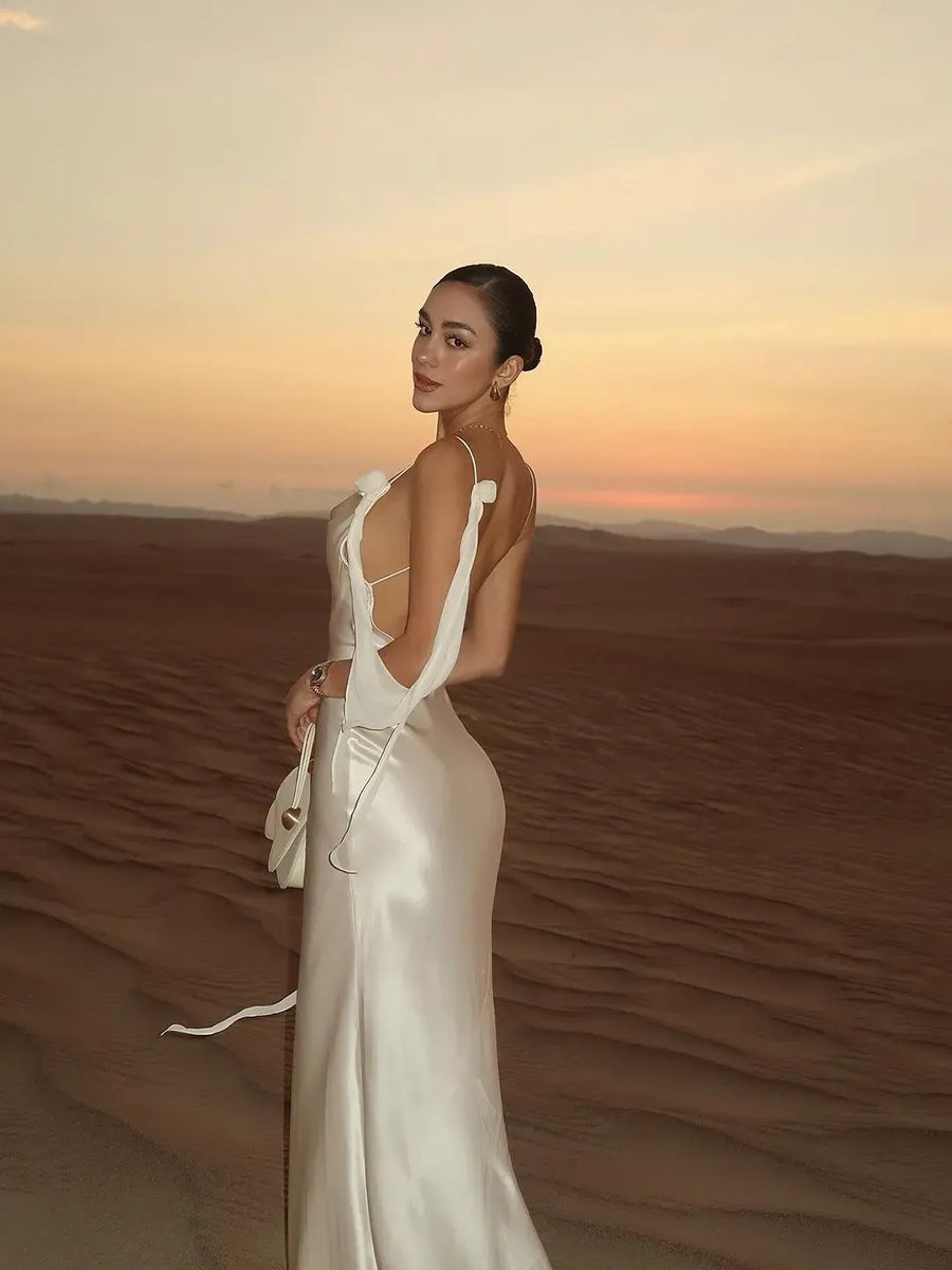 Amita Backless White Suspender Flower Dress