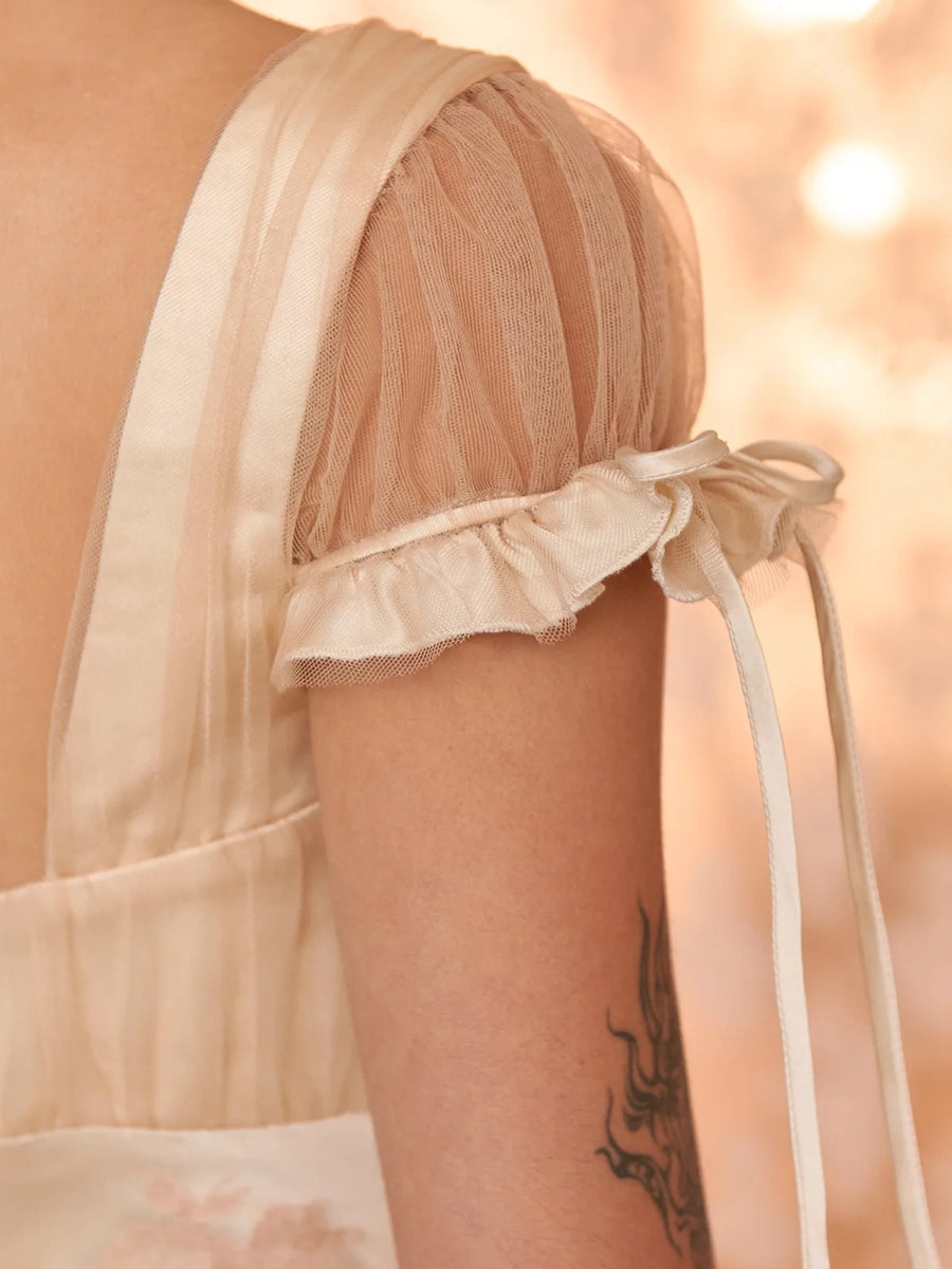 Amity Vintage Chic Deep V-Neck Mesh Spliced Satin Dress