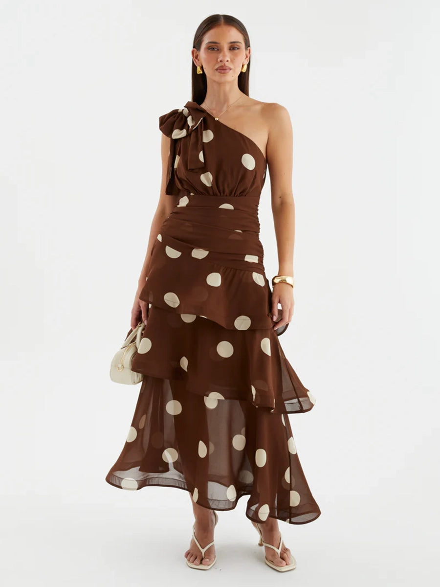 Anza One Shoulder Backless Printed Polka Dot Dress