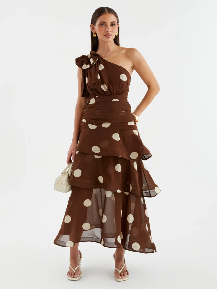 Anza One Shoulder Backless Printed Polka Dot Dress