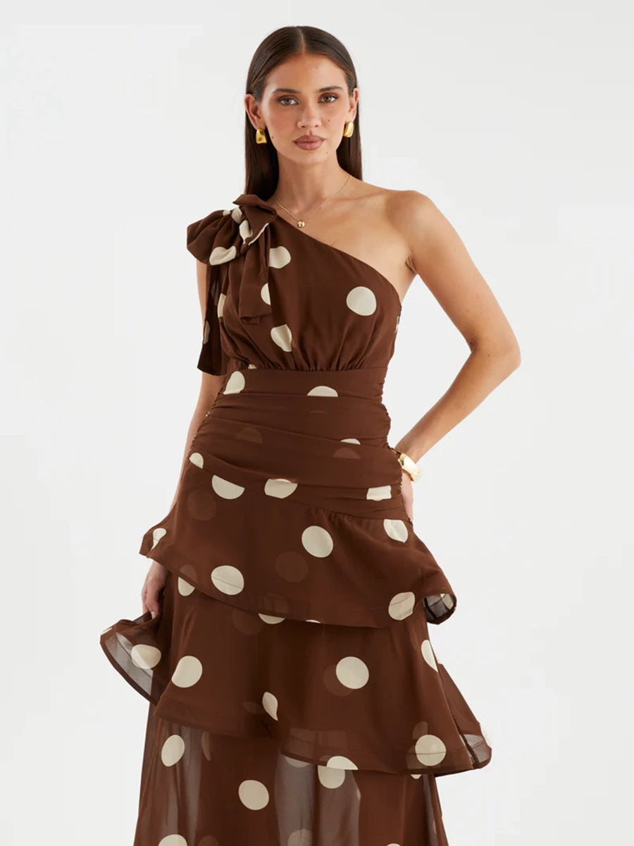 Anza One Shoulder Backless Printed Polka Dot Dress