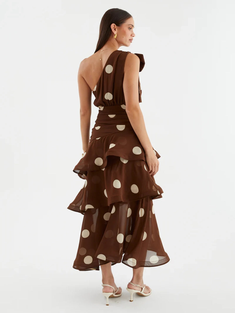 Anza One Shoulder Backless Printed Polka Dot Dress