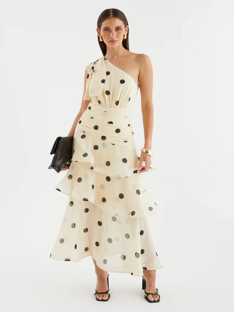 Anza One Shoulder Backless Printed Polka Dot Dress