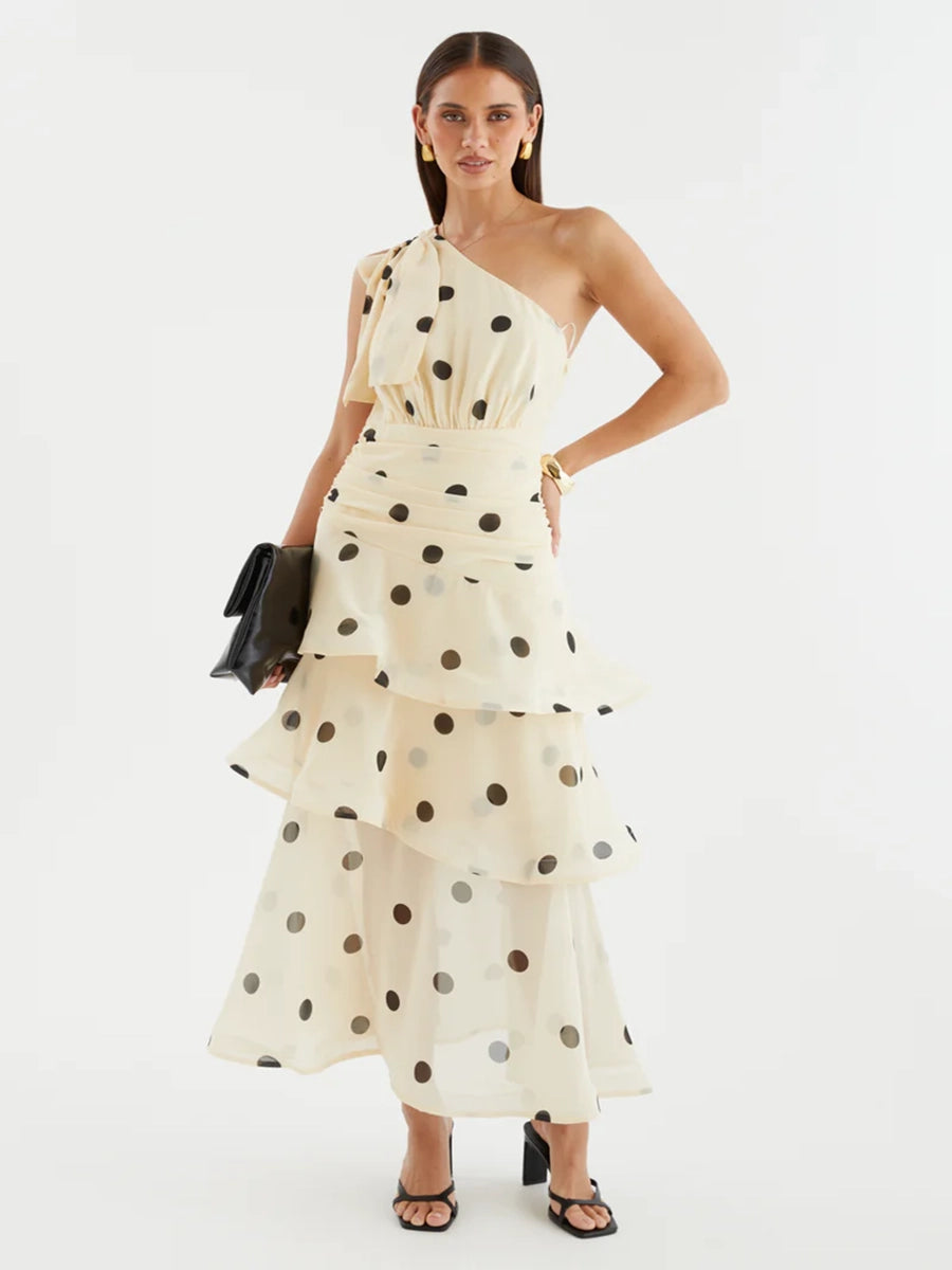 Anza One Shoulder Backless Printed Polka Dot Dress