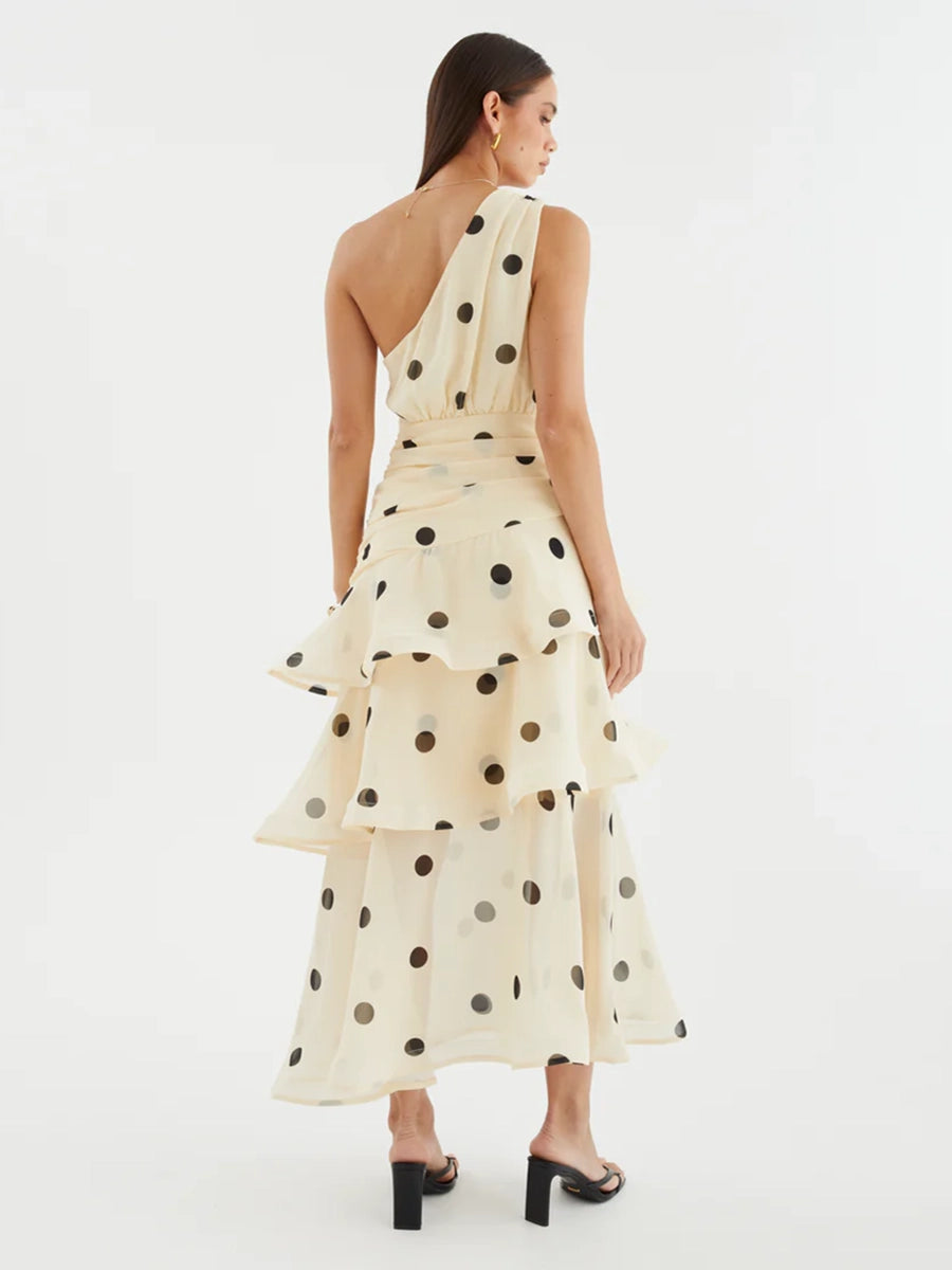 Anza One Shoulder Backless Printed Polka Dot Dress