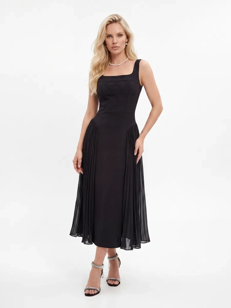 Aridwen Square Neck Cinched Pleated Midi Dress