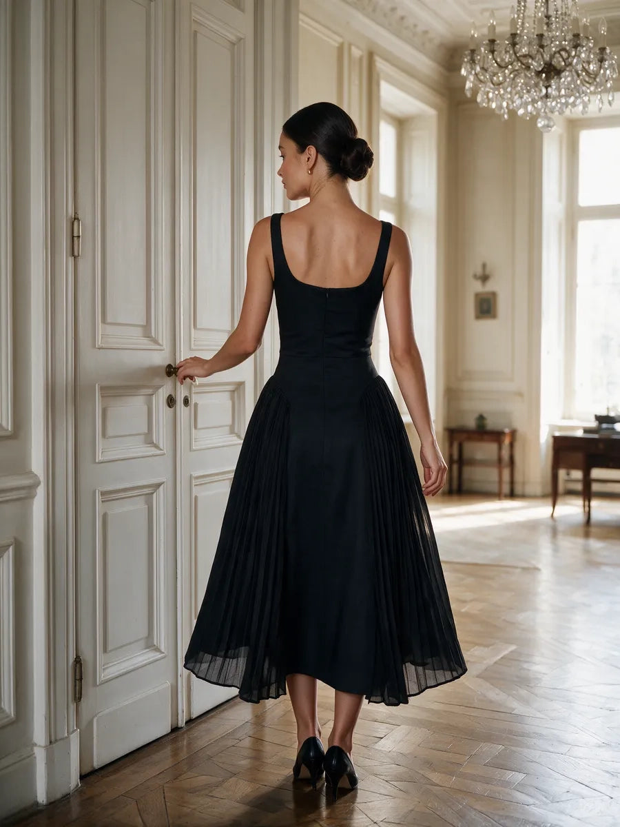 Aridwen Square Neck Cinched Pleated Midi Dress