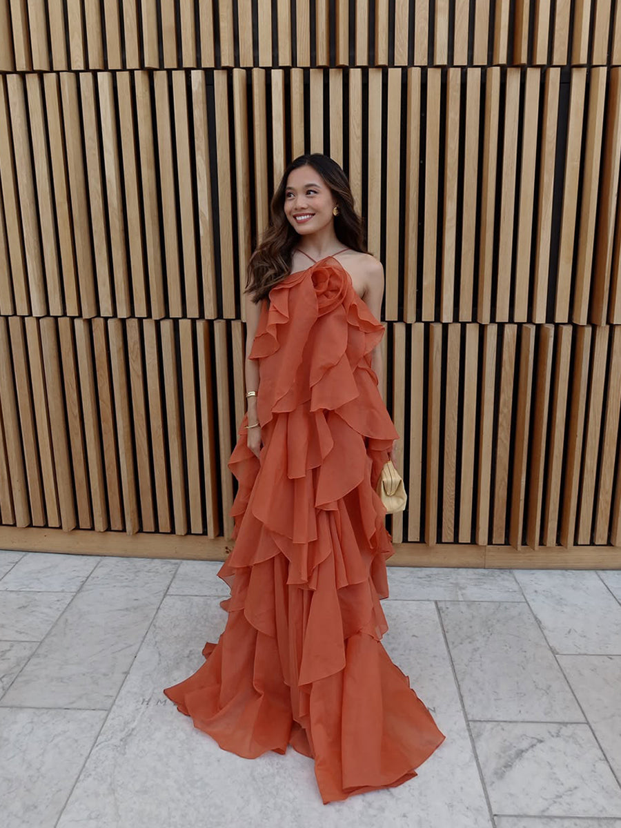 Atih Floral Halter Neck Backless Ruffled Maxi Dress