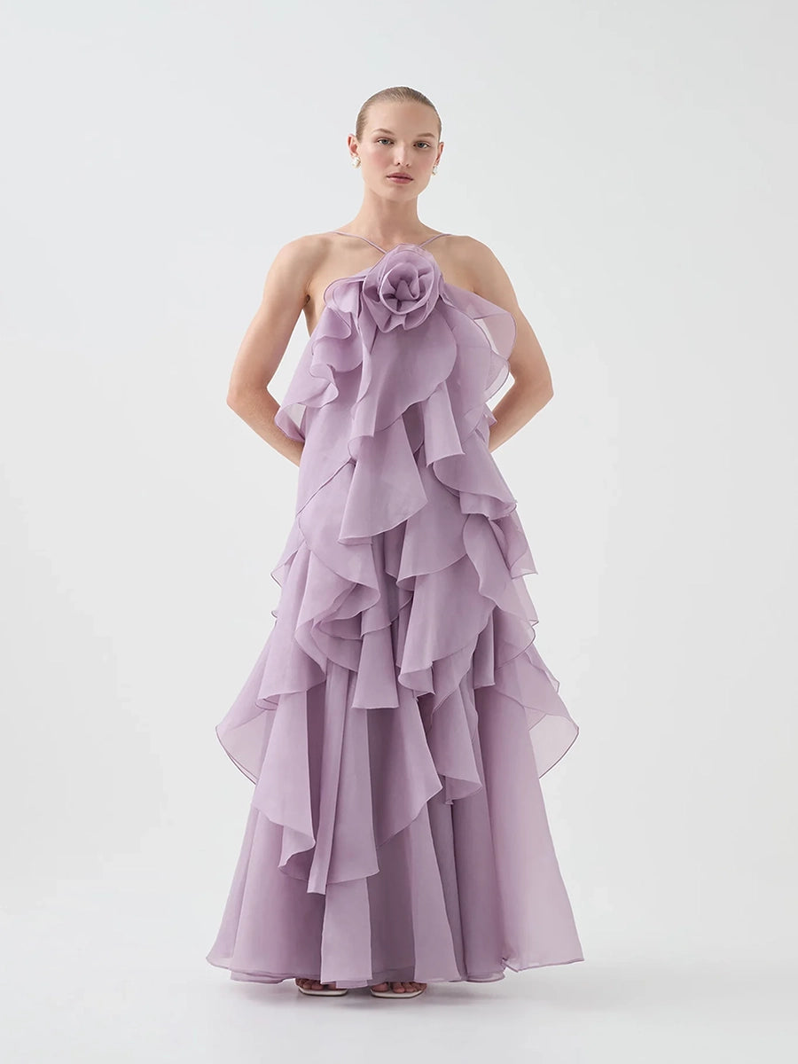 Atih Floral Halter Neck Backless Ruffled Maxi Dress