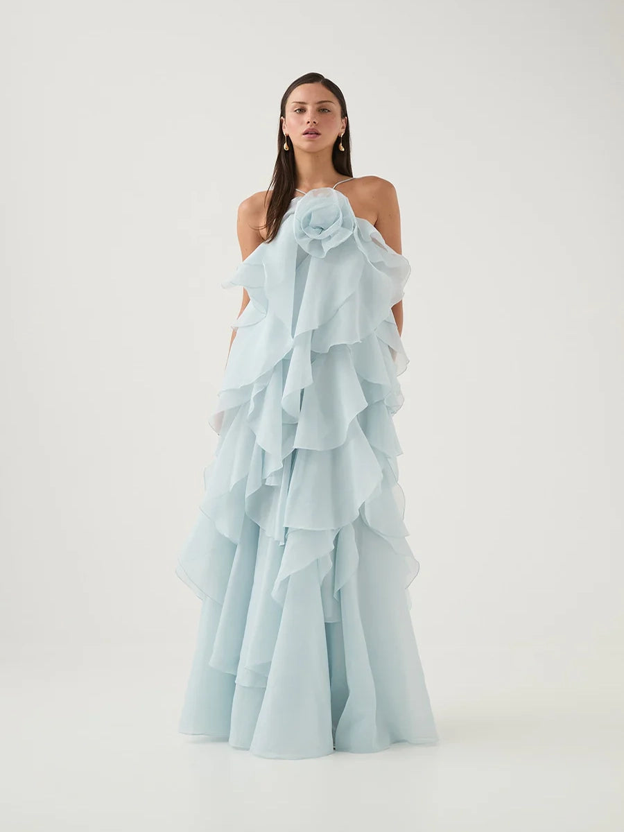 Atih Floral Halter Neck Backless Ruffled Maxi Dress