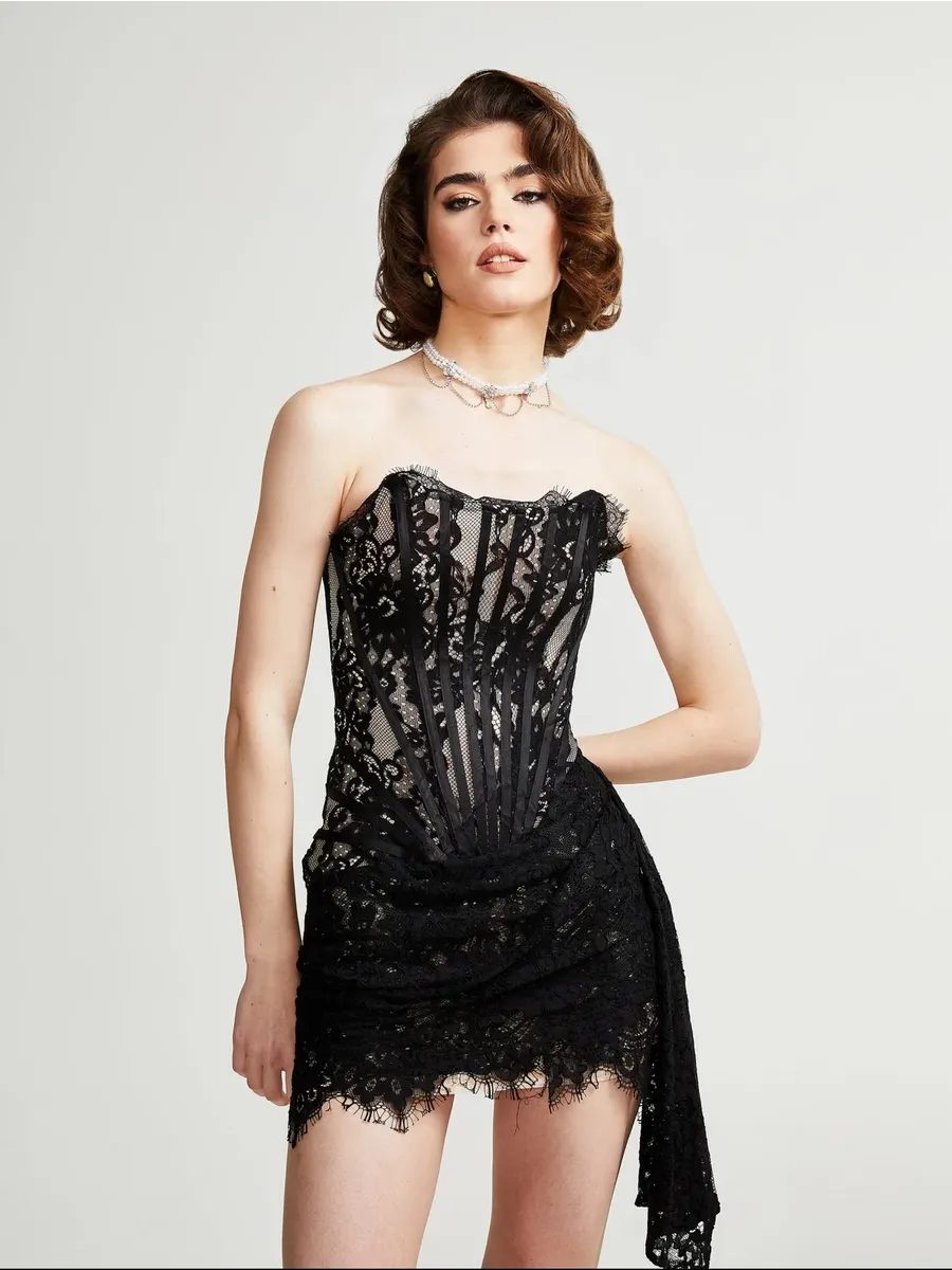 Azzie Sexy Lace Stitching Waist Tube Top Dress