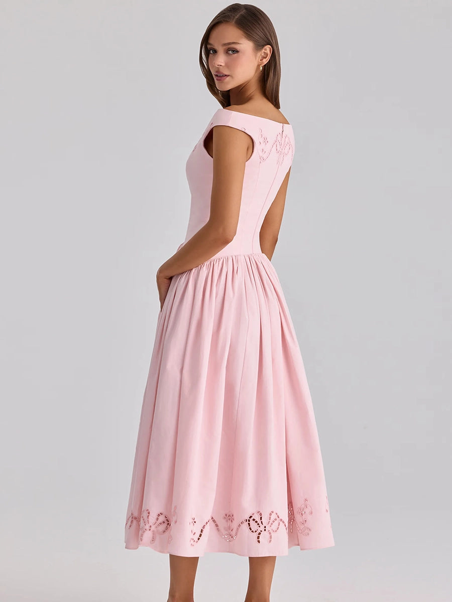 Briona Halter-Neck Embroidered Waist-Cinching A-Line Dress