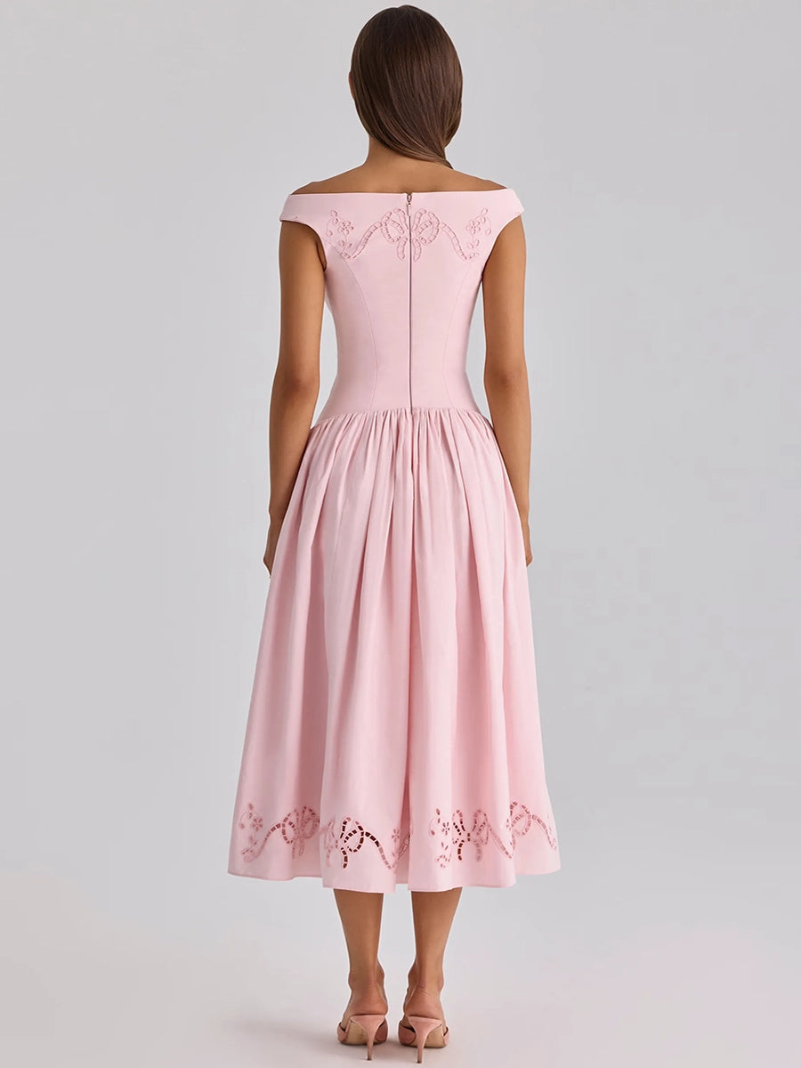 Briona Halter-Neck Embroidered Waist-Cinching A-Line Dress
