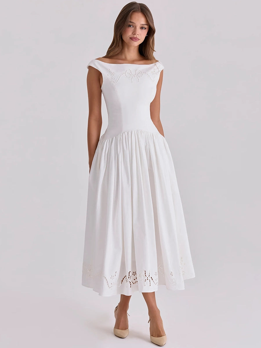 Briona Halter-Neck Embroidered Waist-Cinching A-Line Dress