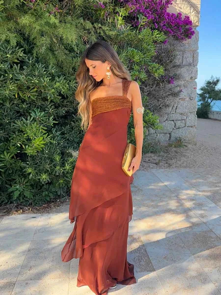 Abalina Sleeveless Cascading Ruffle Skew Collar Maxi Dress