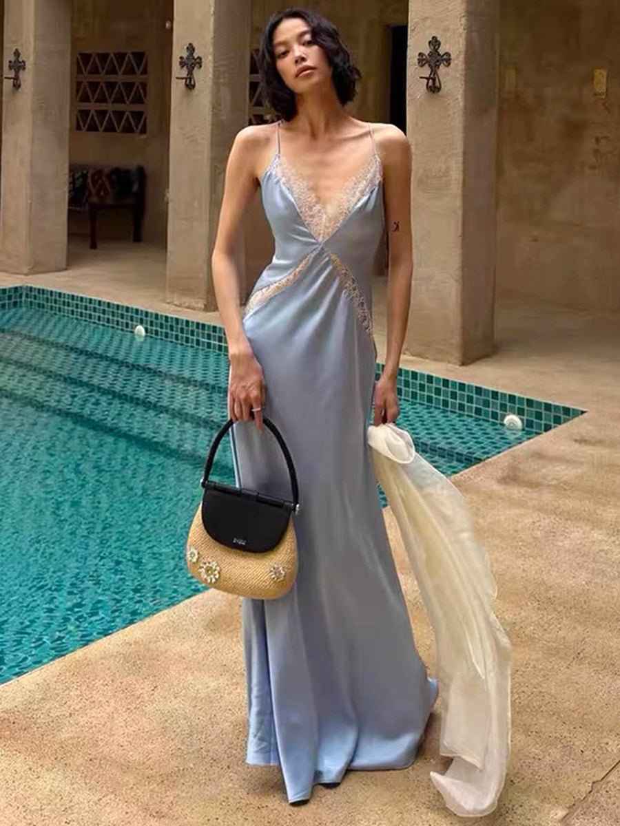 Acara Stain Elegant Sling Lace Patchwork Backless Dress