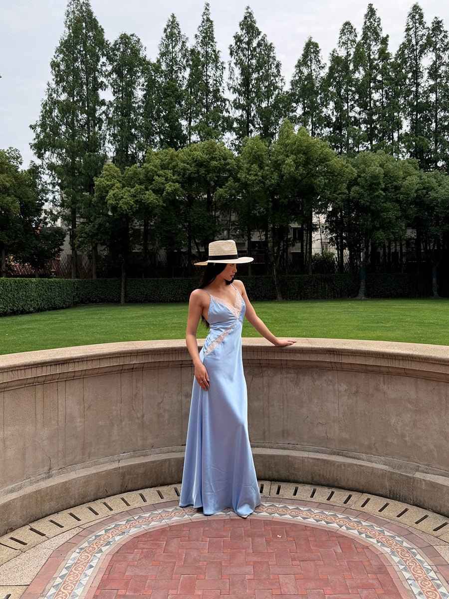 Acara Stain Elegant Sling Lace Patchwork Backless Dress