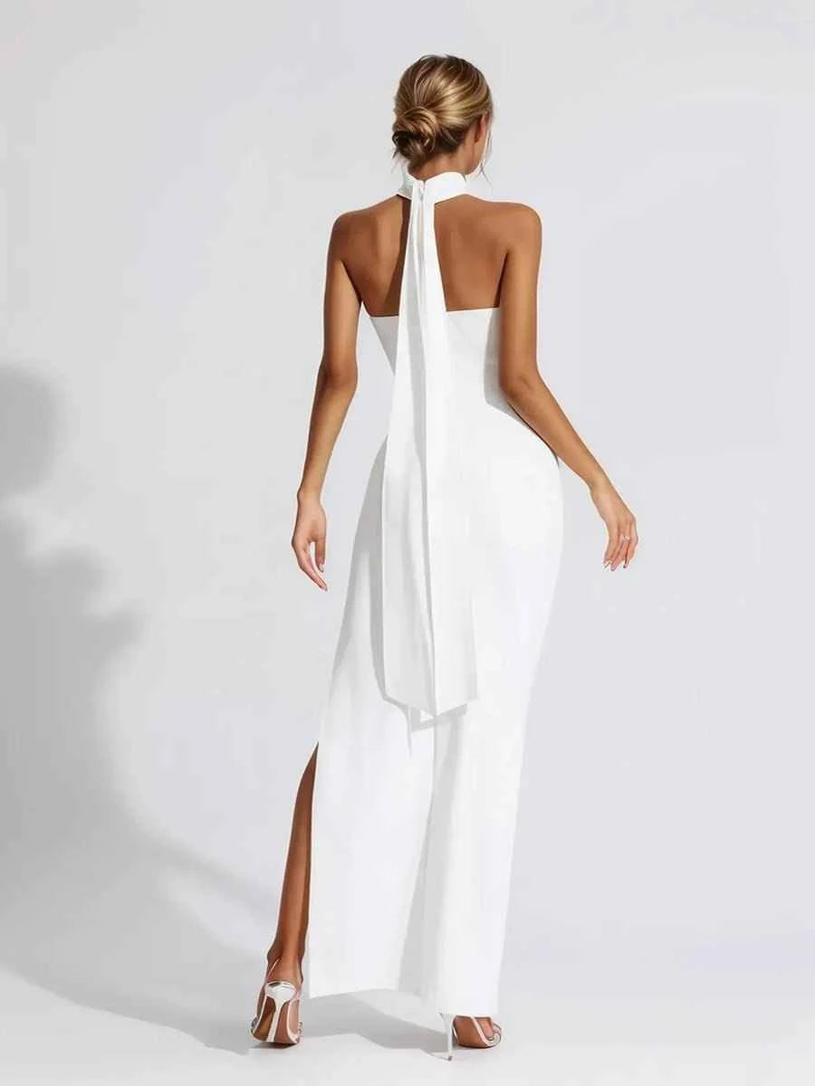 Addie White Ribbon Flower Halter Long High Sense Dress